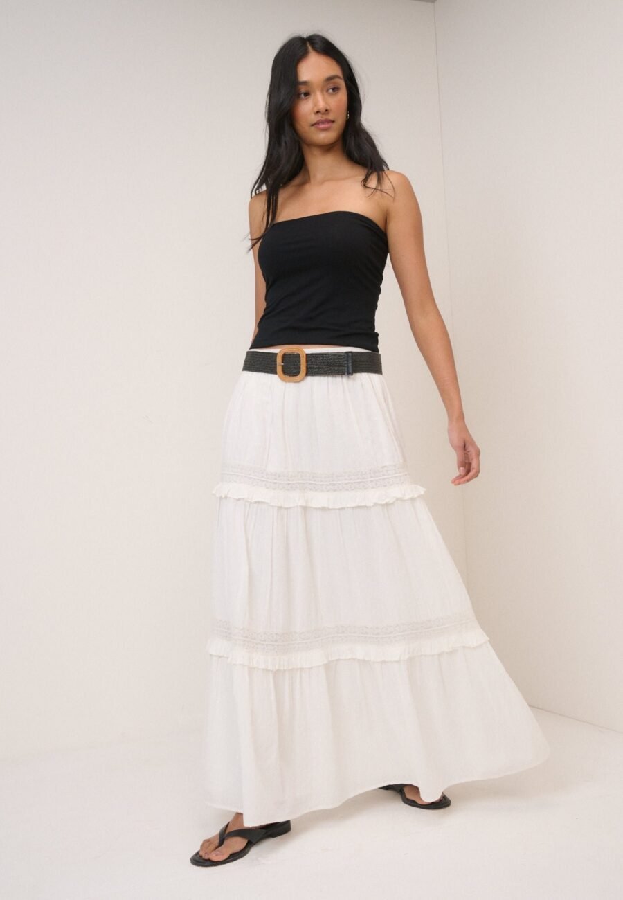 White Tiered Midi Skirt