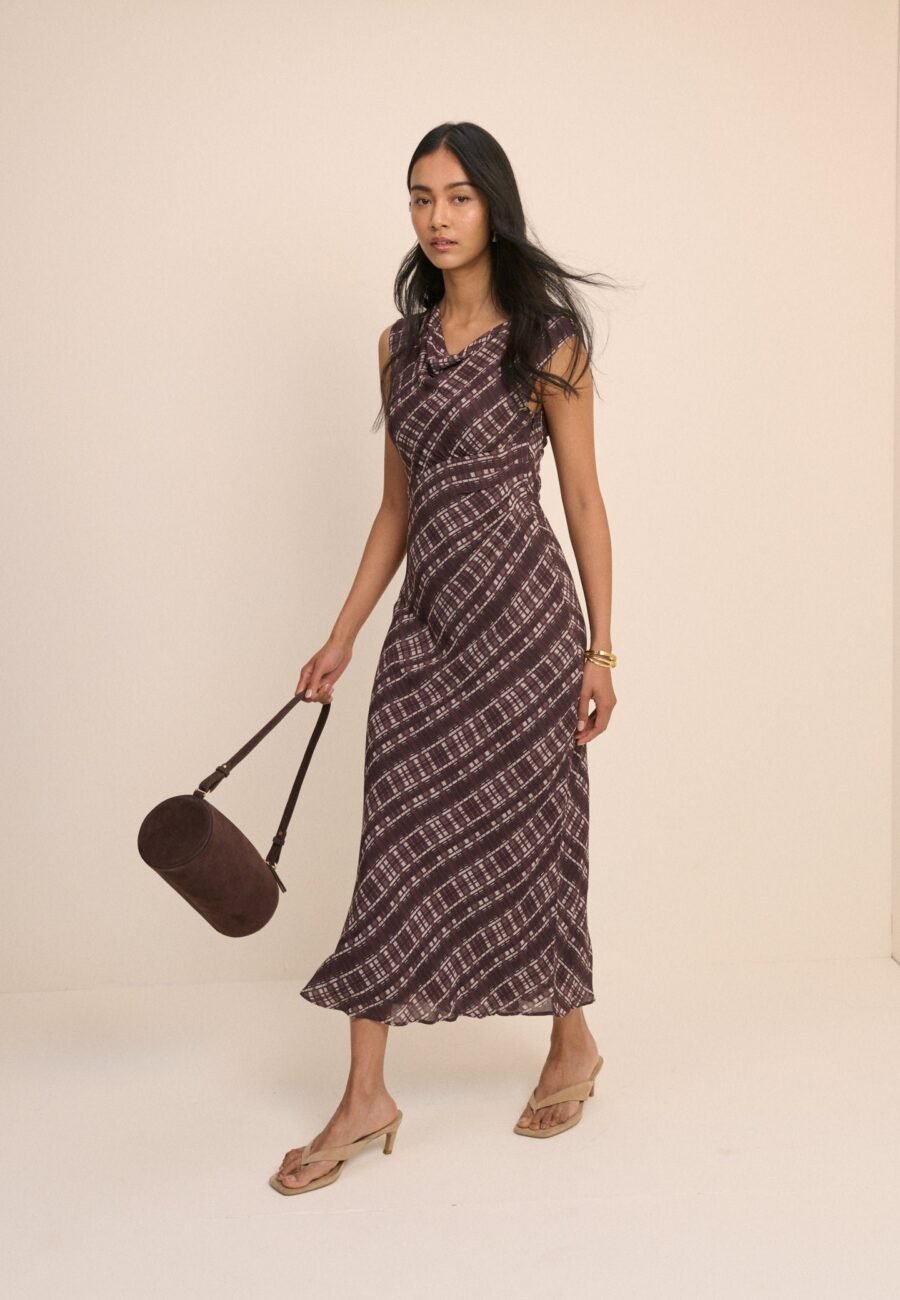 Brown Check Cowl Neck Theo Midi Dress