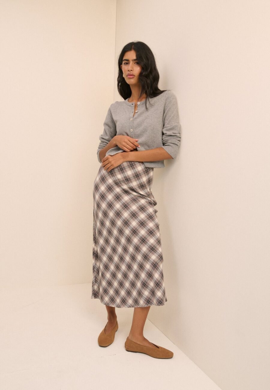 Brown Check Midi Slip Skirt