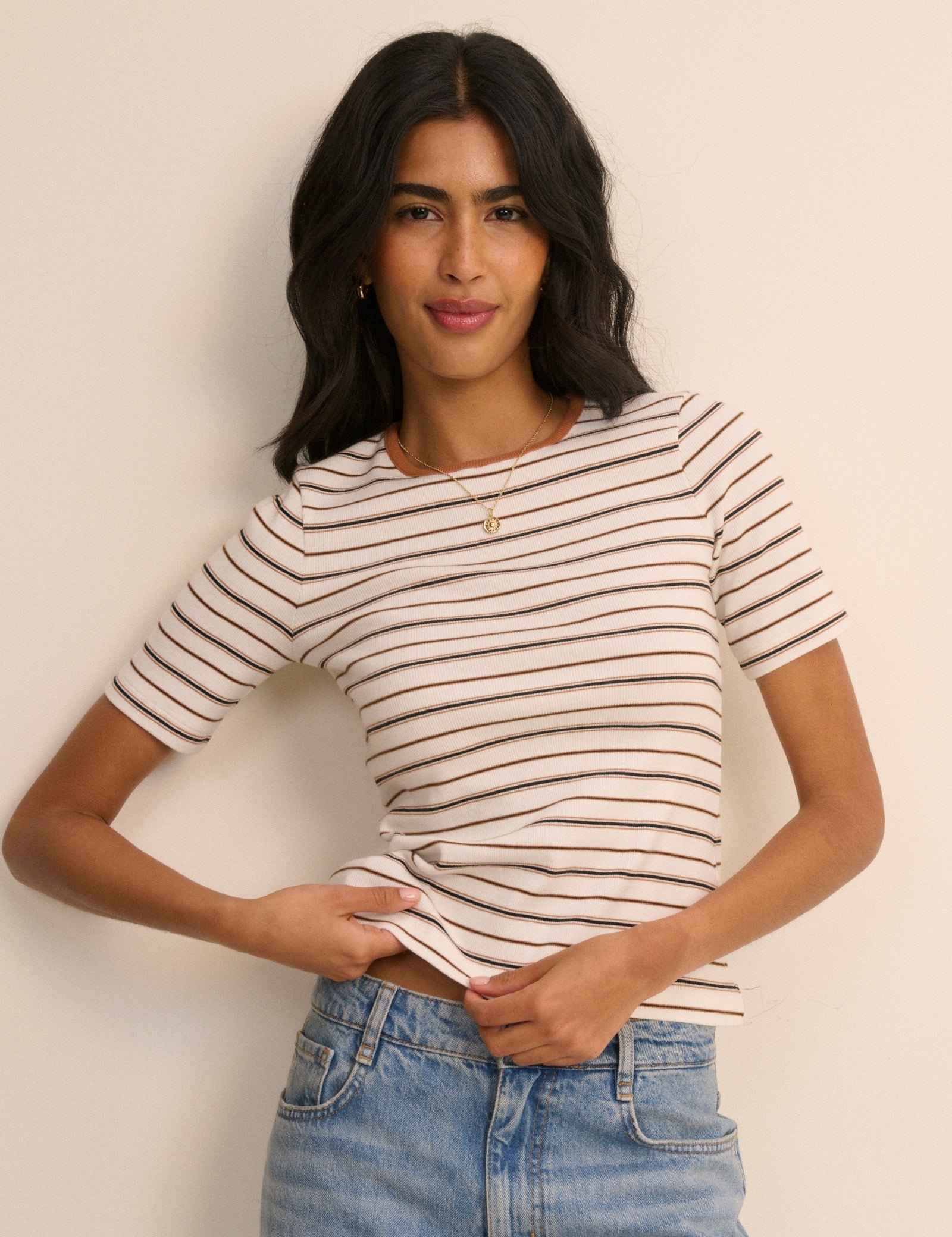 Brown and Cream Striped T-Shirt