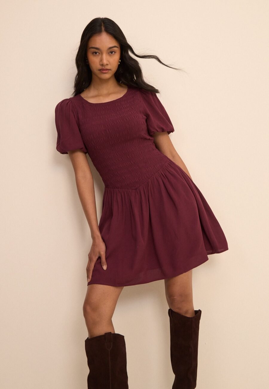 Petite Burgundy Shirred Landy Mini Dress